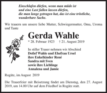 Traueranzeige von Gerda Wahle  von Magdeburger Volksstimme