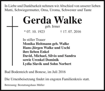Traueranzeige von Gerda Walke (geb. Irmer)  von Magdeburger Volksstimme