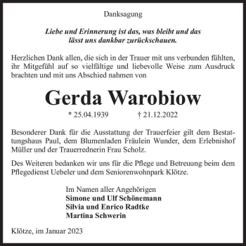 Traueranzeige von Gerda Warobiow  von Magdeburger Volksstimme