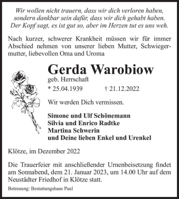 Traueranzeige von Gerda Warobiow (geb. Herrschaft)  von Magdeburger Volksstimme