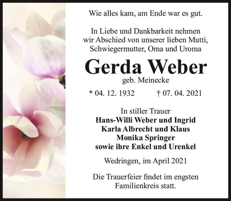  Traueranzeige für Gerda Weber (geb. Meinecke)  vom 16.04.2021 aus Magdeburger Volksstimme