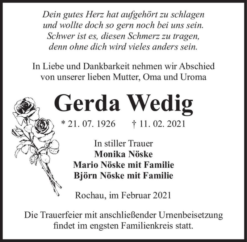  Traueranzeige für Gerda Wedig  vom 17.02.2021 aus Magdeburger Volksstimme