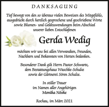 Traueranzeige von Gerda Wedig  von Magdeburger Volksstimme