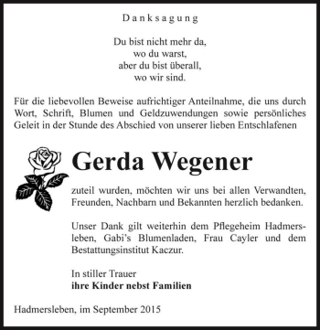 Traueranzeige von Gerda Wegener  von Magdeburger Volksstimme