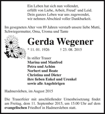 Traueranzeige von Gerda Wegener  von Magdeburger Volksstimme