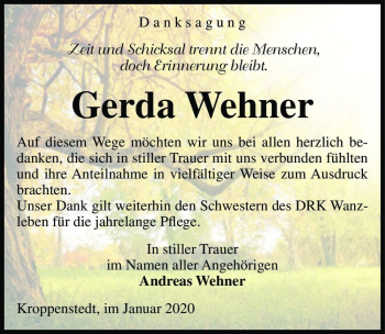 Traueranzeige von Gerda Wehner  von Magdeburger Volksstimme
