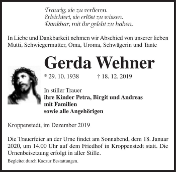 Traueranzeige von Gerda Wehner  von Magdeburger Volksstimme