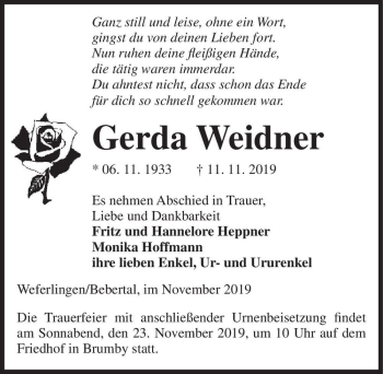 Traueranzeige von Gerda Weidner  von Magdeburger Volksstimme