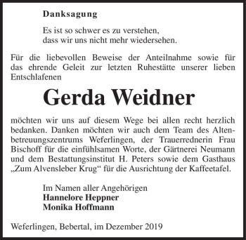 Traueranzeige von Gerda Weidner  von Magdeburger Volksstimme