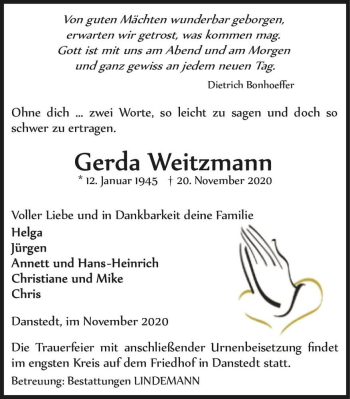 Traueranzeige von Gerda Weitzmann  von Magdeburger Volksstimme