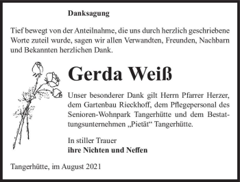 Traueranzeige von Gerda Weiß  von Magdeburger Volksstimme