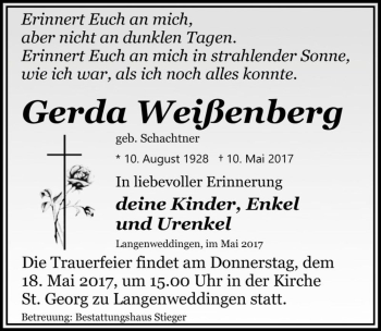 Traueranzeige von Gerda Weißenberg (geb. Schachtner)  von Magdeburger Volksstimme