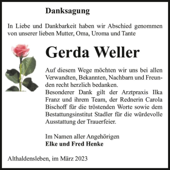 Traueranzeige von Gerda Weller  von Magdeburger Volksstimme