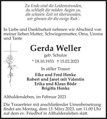 Traueranzeige von Gerda Weller (geb. Schulze)  von Magdeburger Volksstimme