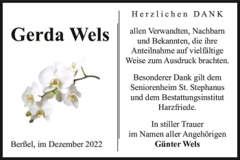 Traueranzeige von Gerda Wels  von Magdeburger Volksstimme