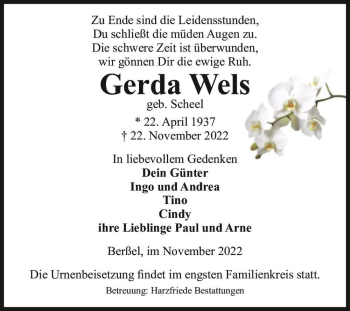 Traueranzeige von Gerda Wels (geb. Scheel)  von Magdeburger Volksstimme