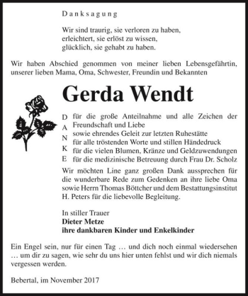 Traueranzeige von Gerda Wendt  von Magdeburger Volksstimme