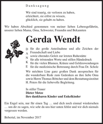 Traueranzeige von Gerda Wendt  von Magdeburger Volksstimme