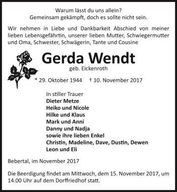 Traueranzeige von Gerda Wendt (geb. Eickenroth)  von Magdeburger Volksstimme