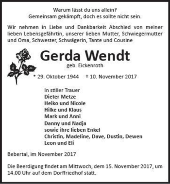 Traueranzeige von Gerda Wendt (geb. Eickenroth)  von Magdeburger Volksstimme