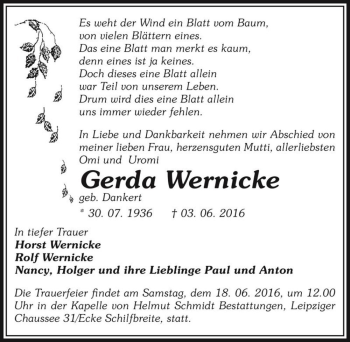 Traueranzeige von Gerda Wernicke (geb. Dankert)  von Magdeburger Volksstimme