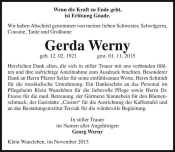 Traueranzeige von Gerda Werny  von Magdeburger Volksstimme