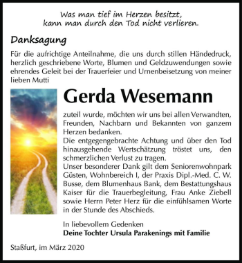Traueranzeige von Gerda Wesemann  von Magdeburger Volksstimme