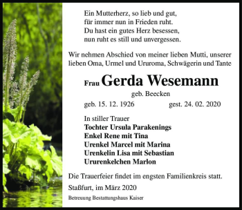 Traueranzeige von Gerda Wesemann (geb. Beecken)  von Magdeburger Volksstimme