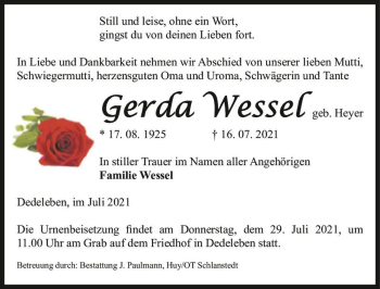 Traueranzeige von Gerda Wessel (geb. Heyer)  von Magdeburger Volksstimme