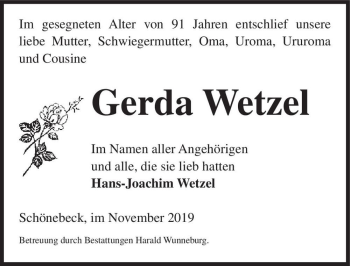 Traueranzeige von Gerda Wetzel  von Magdeburger Volksstimme