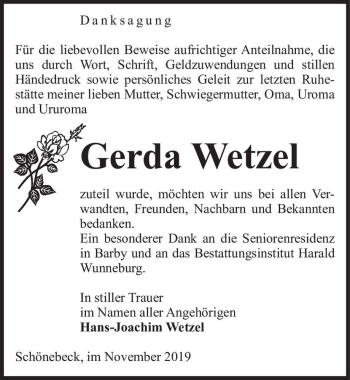 Traueranzeige von Gerda Wetzel  von Magdeburger Volksstimme