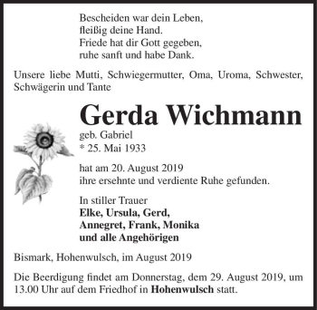 Traueranzeige von Gerda Wichmann (geb. Gabriel)  von Magdeburger Volksstimme