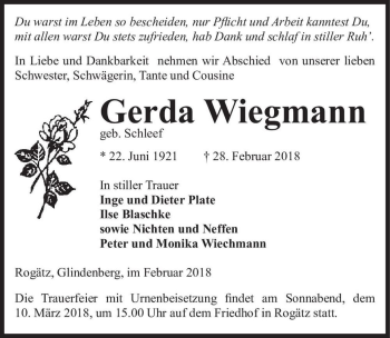 Traueranzeige von Gerda Wiegmann (geb. Schleef )  von Magdeburger Volksstimme