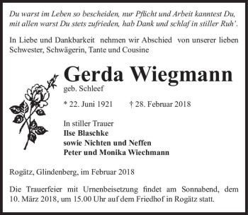 Traueranzeige von Gerda Wiegmann (geb. Schleef)  von Magdeburger Volksstimme