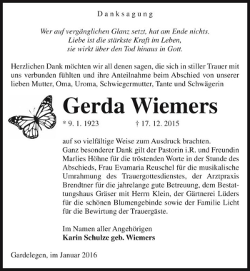 Traueranzeige von Gerda Wiemers  von Magdeburger Volksstimme