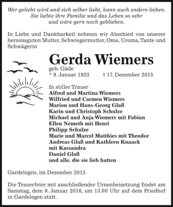 Traueranzeige von Gerda Wiemers (geb. Gäde)  von Magdeburger Volksstimme
