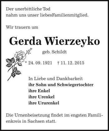 Traueranzeige von Gerda Wierzeyko (geb. Schildt)  von Magdeburger Volksstimme