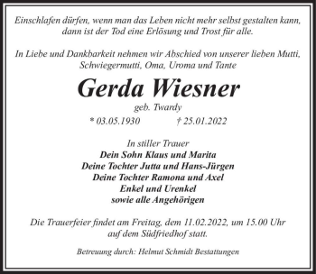 Traueranzeige von Gerda Wiesner (geb. Twardy)  von Magdeburger Volksstimme