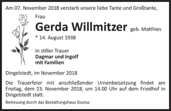 Traueranzeige von Gerda Willmitzer (geb. Matthies)  von Magdeburger Volksstimme