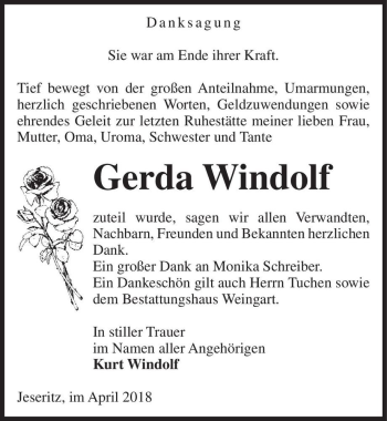 Traueranzeige von Gerda Windolf  von Magdeburger Volksstimme