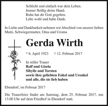 Traueranzeige von Gerda Wirth  von Magdeburger Volksstimme