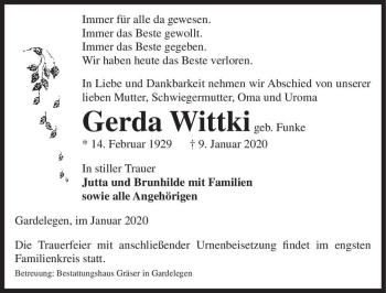 Traueranzeige von Gerda Wittki (geb. Funke)  von Magdeburger Volksstimme