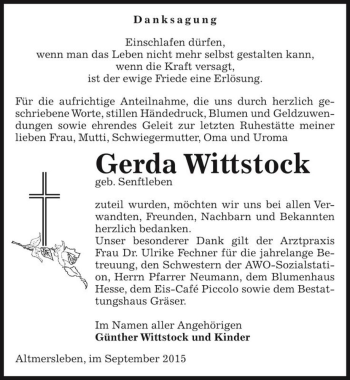 Traueranzeige von Gerda Wittstock (geb. Senftleben)  von Magdeburger Volksstimme