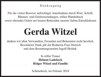 Traueranzeige von Gerda Witzel  von Magdeburger Volksstimme