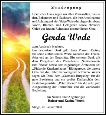 Traueranzeige von Gerda Wode  von Magdeburger Volksstimme