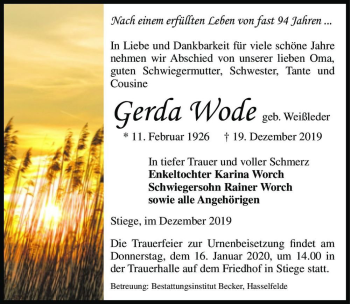 Traueranzeige von Gerda Wode (geb. Weißleder)  von Magdeburger Volksstimme
