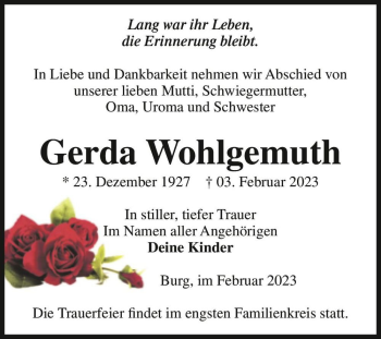 Traueranzeige von Gerda Wohlgemuth  von Magdeburger Volksstimme
