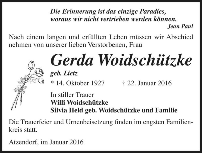  Traueranzeige für Gerda Woidschützke (geb. Lietz)  vom 25.01.2016 aus Magdeburger Volksstimme