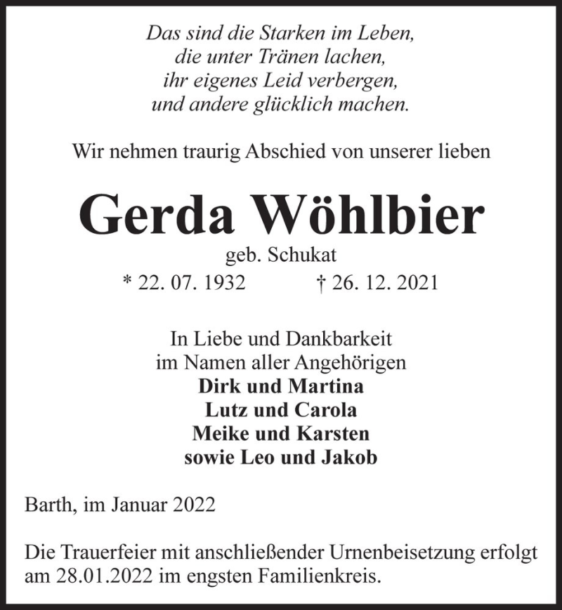  Traueranzeige für Gerda Wöhlbier (geb. Schukat)  vom 08.01.2022 aus Magdeburger Volksstimme