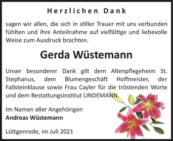 Traueranzeige von Gerda Wüstemann  von Magdeburger Volksstimme